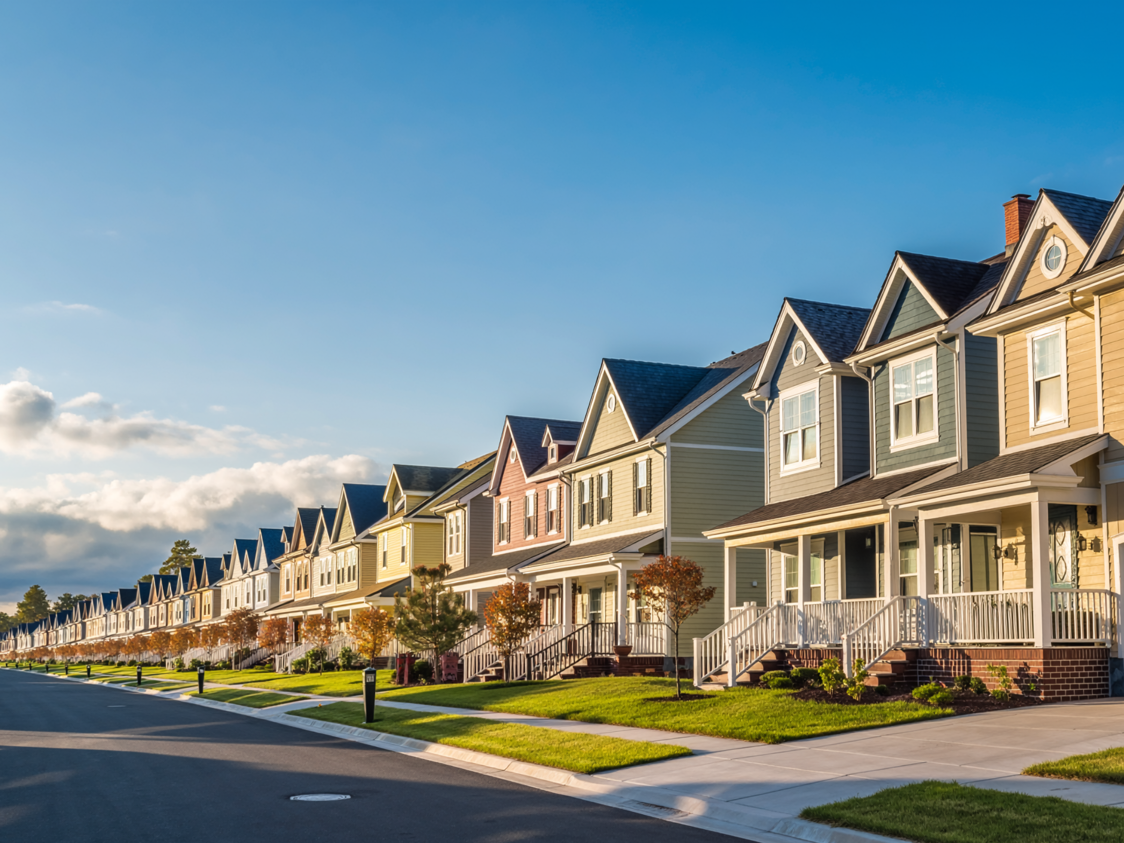 Row of contemporary craftsman-style homes along a residential street with lawns and sidewalk.